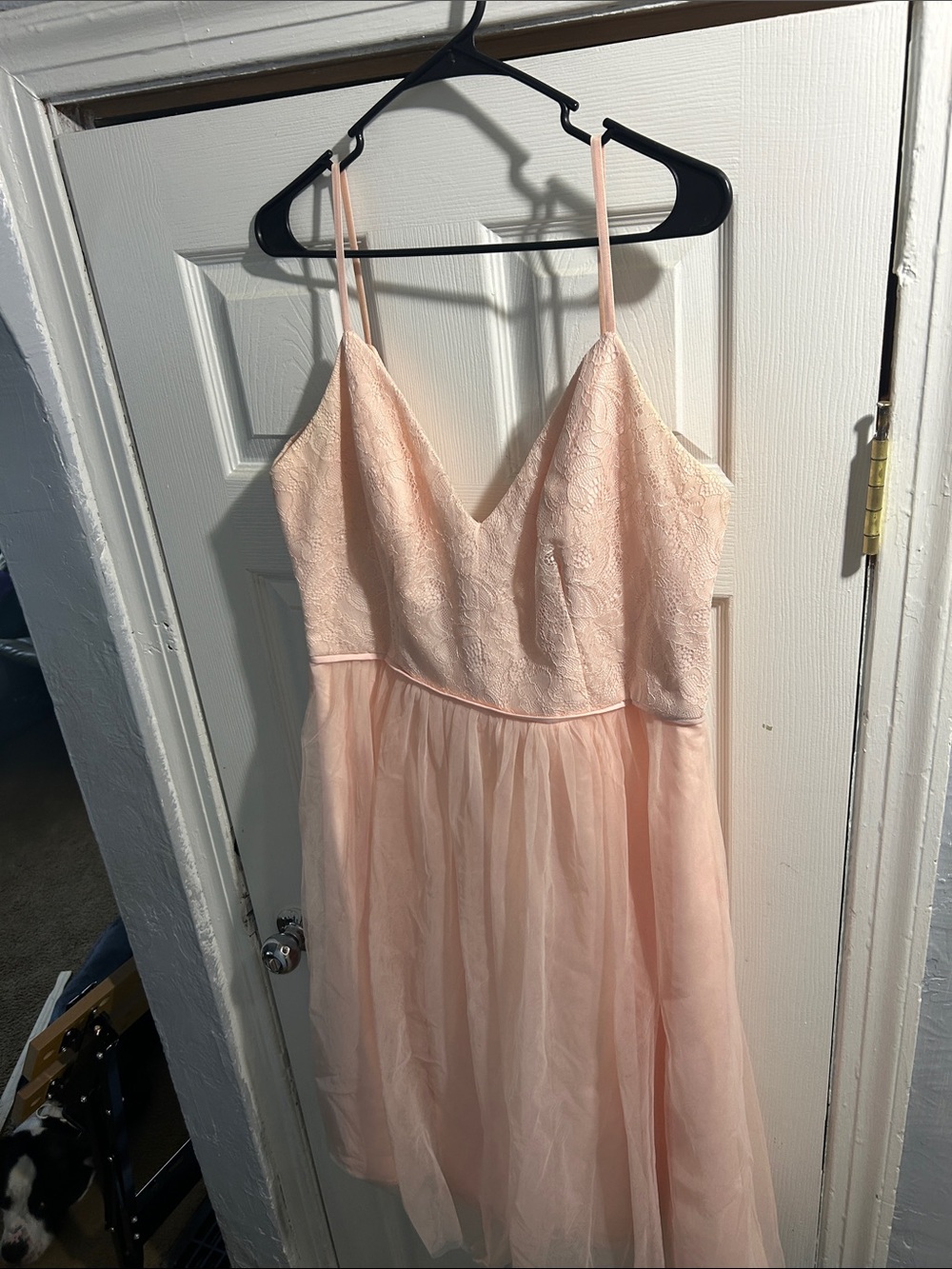 David's Bridal Lace Bodice Chiffon A-Line Dress - Blush Pink